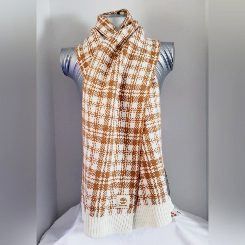 NWT Timberland (Unisex) Plaid Knit Scarf with Logo Carmel/Cream Size:OS